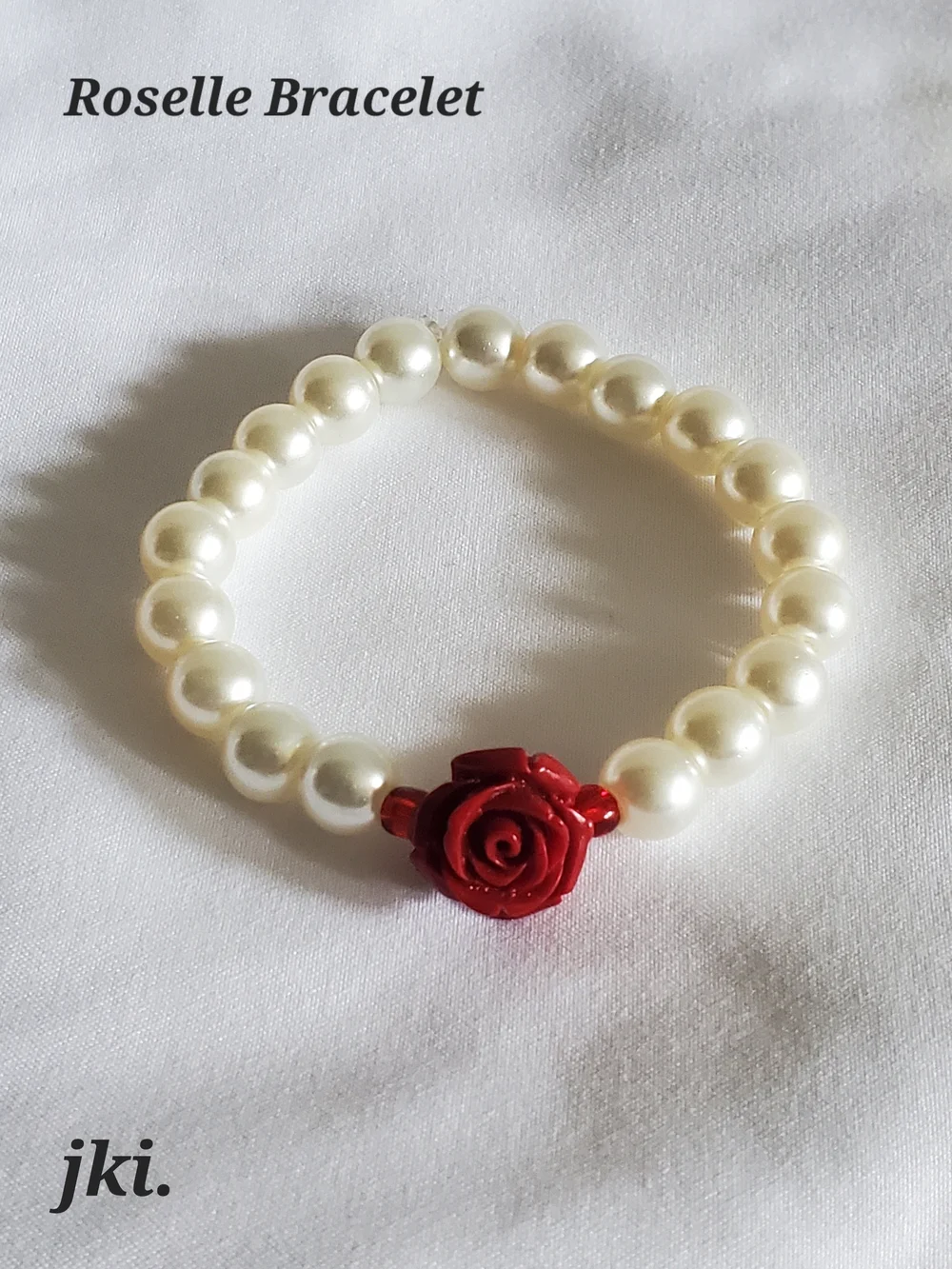 Roselle Bracelet - Ivory white Pearl with Red Rose Accent